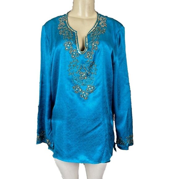 Itsu 14 Teal 100% Silk Textured Beaded Sequin Split Neck Long Bell Sleeve Top - Picture 2 of 6